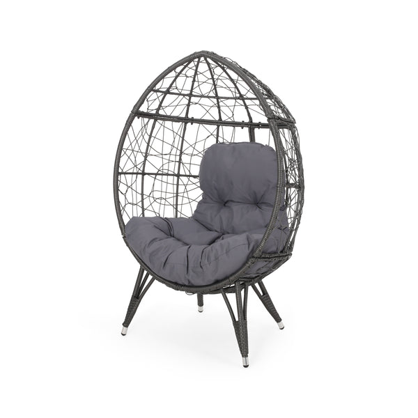 English Elm Christopher Knight Home® - GIANNI Teardrop Wicker Outdoor Chair with Water-Resistant Cushion, Handcrafted Faux Rattan Iron Frame Comfort Gray 65645.00GDGRY