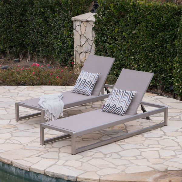 English Elm Christopher Knight Home® - Outdoor Chaise Lounge Set of 2 — Adjustable Aluminum Frame, Breathable Textilene Mesh Seating, Grey 77.5" 62397.00ECRMP2
