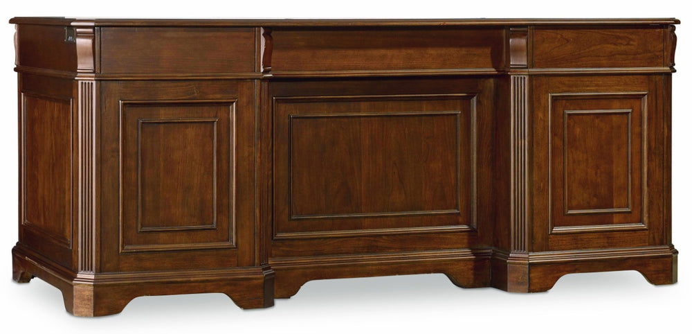 Hooker Furniture Brookhaven Distressed Cherry Executive Desk With Bonded Leather Top, Column Carvings & Locking Files 281-10-583