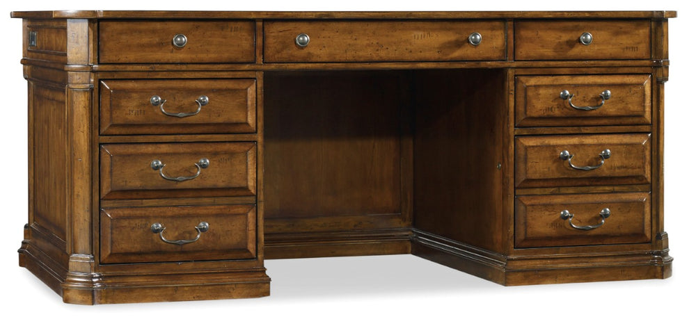 Hooker Furniture Tynecastle Executive Desk With Bonded Leather Inset, Locking File Drawers & Distressed Chestnut Finish 5323-10563