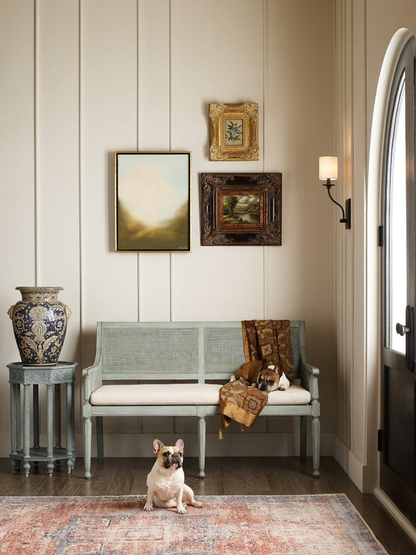 Hooker Furniture Charleston Vintage-Inspired Haint Blue Bench With Cane Accents, Distressed Legs & Oyster Cushion 6750-50004-40