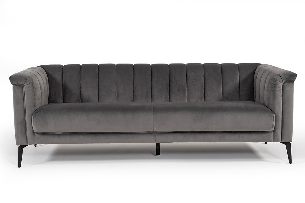 Vig Furniture Divani Casa Jeremy Modern Grey Velvet Sofa With Solid Wood Frame & Stylish Channel Tufts For Comfort Grey  Vgvi32202-fk-3p-gry