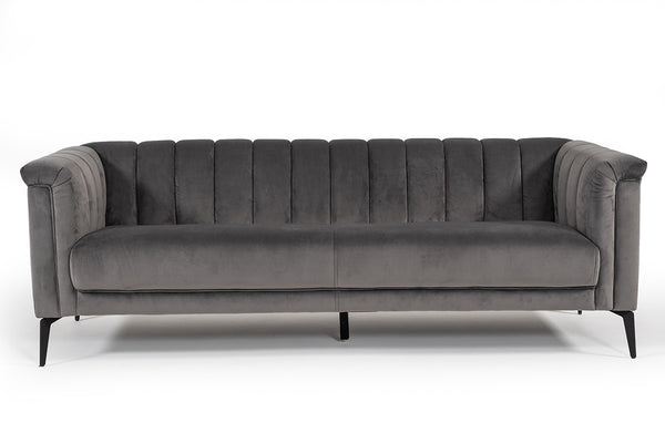 Vig Furniture Divani Casa Jeremy Modern Grey Velvet Sofa With Solid Wood Frame & Stylish Channel Tufts For Comfort Grey  Vgvi32202-fk-3p-gry