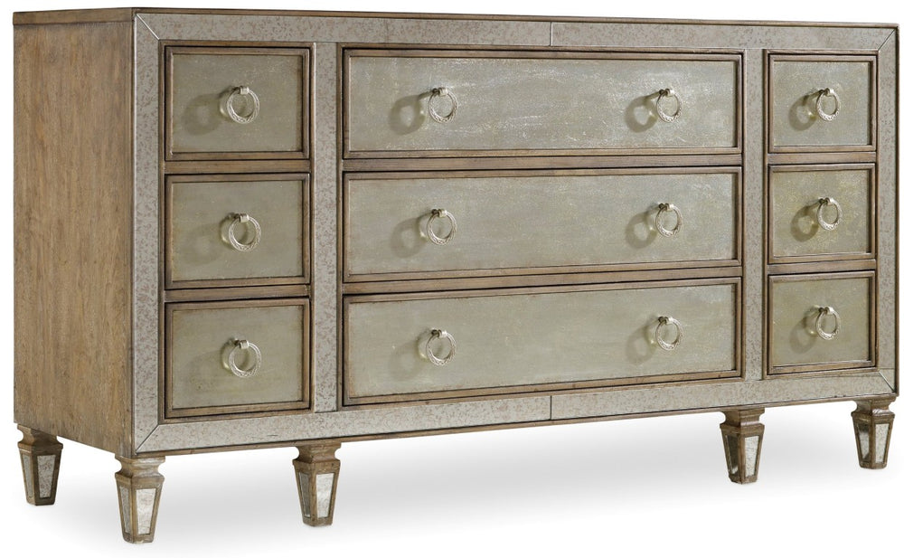 Hooker Furniture Sanctuary Nine-Drawer Dresser With Antique Mirror & Silver Leaf Eglomise, Felt And Cedar-Lined Drawers 5414-90002