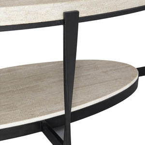 Bernhardt Bernhardt Oval Berkshire Cocktail Table 53" – White Travertine Top, Aged Pewter Twisted Steel Base 405013