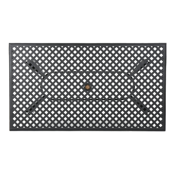 English Elm Christopher Knight Home® - CAYMAN Rectangle Table Black Cast Aluminum Outdoor Dining Table with Lattice Top, Umbrella Hole, Seats Six 56955.00