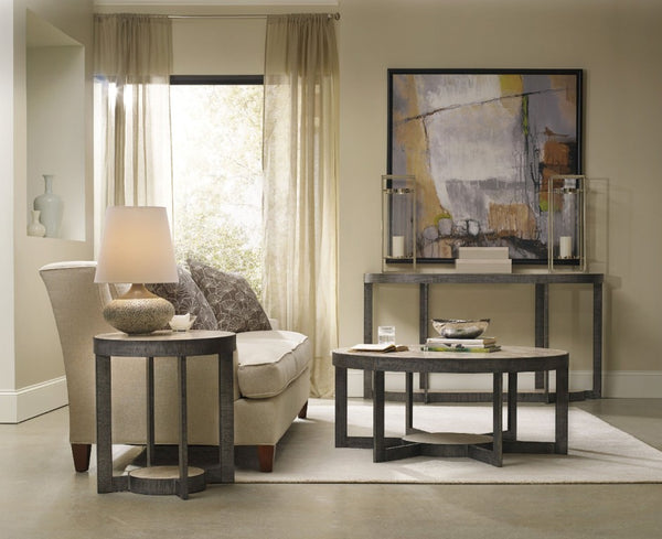 Hooker Furniture Mill Valley Round End Table — Travertine Top With Matte Gray Metal Base, Compact 22" X 25" Accent Piece 5283-80114