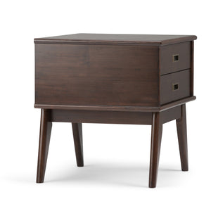 English Elm Draper Mid-Century Side Table - Handcrafted Solid Rubberwood With 2 Drawers In Medium Auburn Brown B136P158149