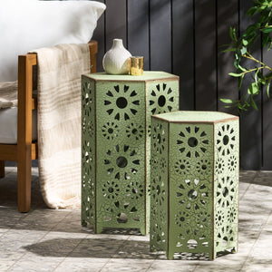 English Elm Eliana Outdoor Iron Nesting Side Tables with Sunburst Cutout and Crackle Finish Patio Accent Set Green 69740.00CGRN