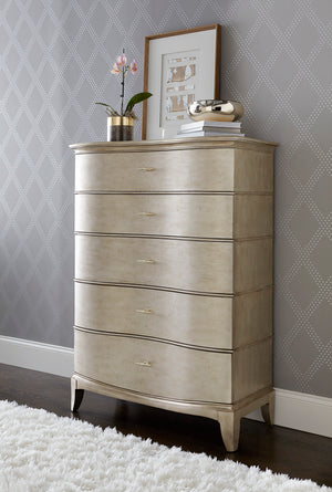 A.R.T. Furniture Starlite Drawer Chest - Glamorous Serpentine Design With 5 Storage Drawers & Aged Silver Finish Silver, Silver Parawood Solids,Primavera Veneer,Metal 406150-2227