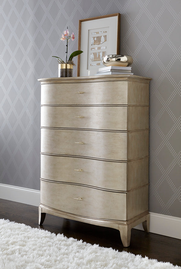 A.R.T. Furniture Starlite Drawer Chest - Glamorous Serpentine Design With 5 Storage Drawers & Aged Silver Finish Silver, Silver Parawood Solids,Primavera Veneer,Metal 406150-2227