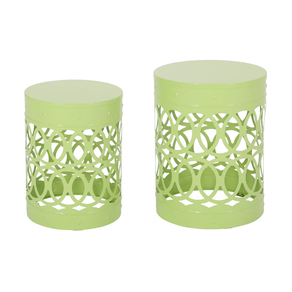 English Elm Outdoor Powder-coated Iron Nesting Accent Tables Set of 2 Laser-cut Circle Design Green 73606.00GRN