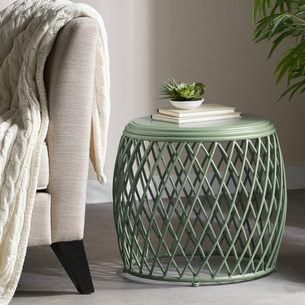 English Elm Alamera Lattice Iron Side Table Powder Coated Matte Finish for Indoor Outdoor Use 60745.00GRN