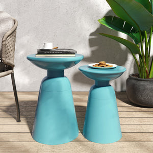 English Elm Serenita Outdoor Powder Coated Iron Pedestal Side Tables Sculptural Flared Set of Two Teal 73614.00T