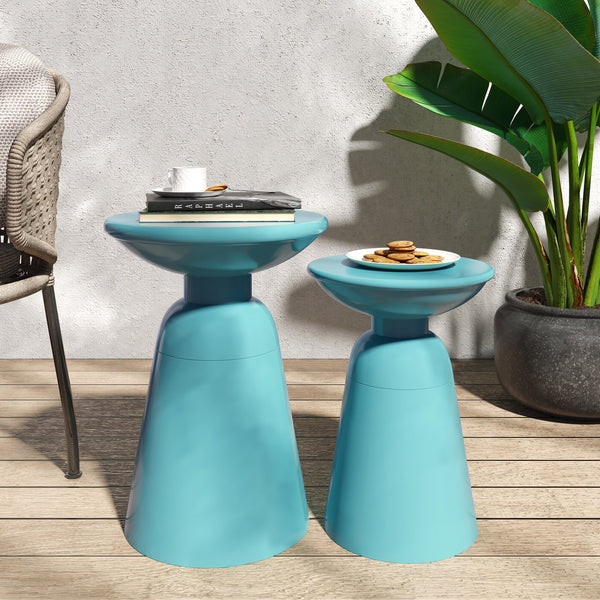 English Elm Serenita Outdoor Powder Coated Iron Pedestal Side Tables Sculptural Flared Set of Two Teal 73614.00T