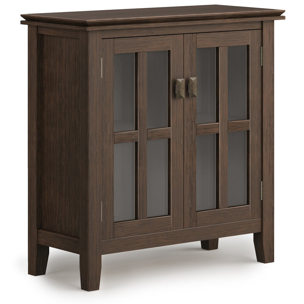 English Elm Artisan Low Storage Cabinet - Handcrafted Farmhouse Brown Wood With Glass Doors & Adjustable Shelves B136P158392