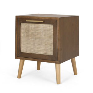 English Elm Christopher Knight Home® - END TABLE Walnut Contemporary Engineered Wood with Rattan Accents, Drawer Storage & Antique Gold Pull 71097.00