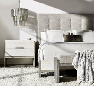 Bernhardt Bernhardt Upholstered Button-Tufted Queen Bed — Rustic Modern Acacia Frame, Linen & Light Shale Finish K1651