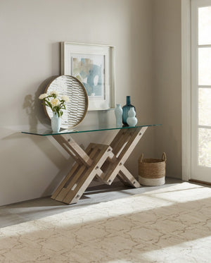 Hooker Furniture Affinity Greige Glass Top Console Table With Angular Oak Base, Removable Top, Sand‑Blasted Finish 6050-85001-GRY