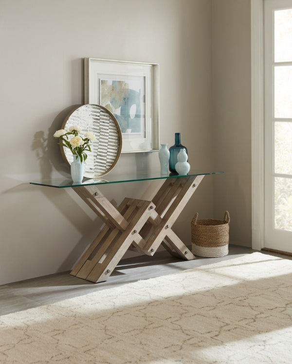 Hooker Furniture Affinity Greige Glass Top Console Table With Angular Oak Base, Removable Top, Sand‑Blasted Finish 6050-85001-GRY