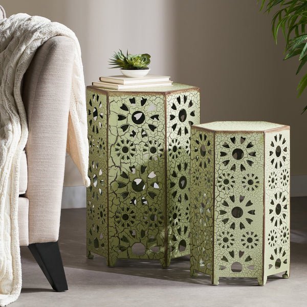 English Elm Eliana Outdoor Iron Nesting Side Tables with Sunburst Cutout and Crackle Finish Patio Accent Set Green 69740.00CGRN