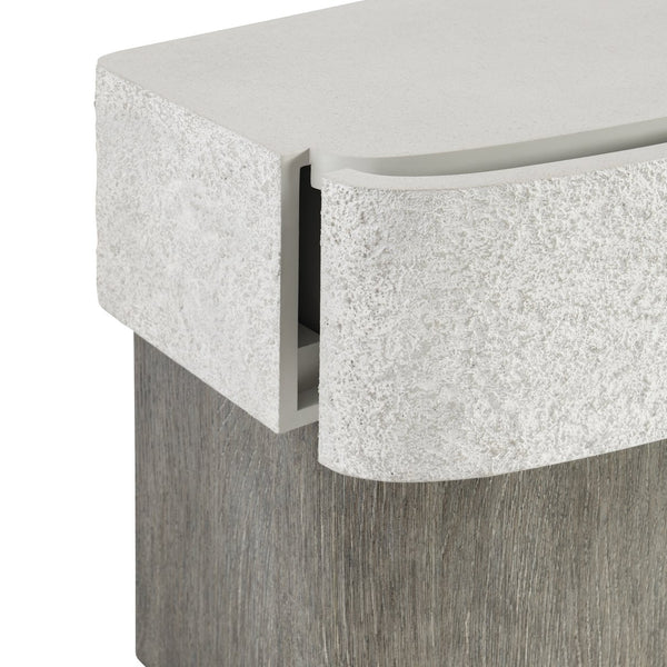 Bernhardt Monolith Sculptural Nightstand with Faux Stone Top, Wire‑Brushed Oak Base & Soft‑Close Drawer (94 chars) 343219
