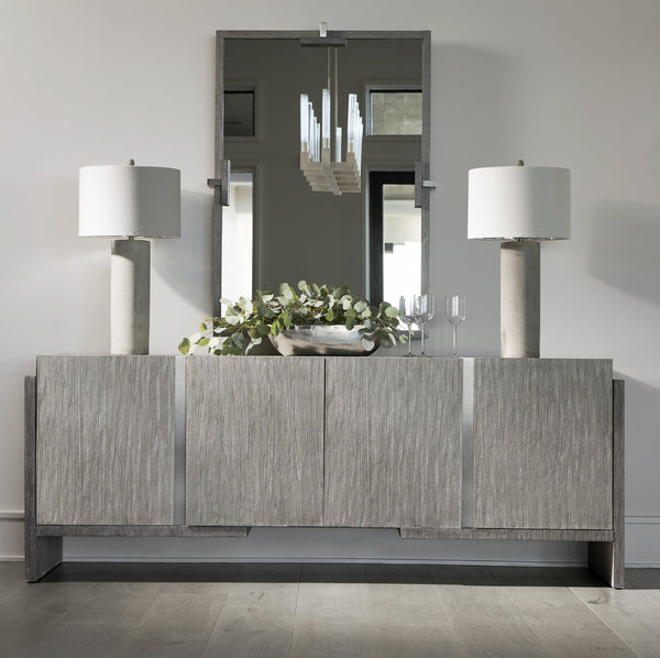 Bernhardt Bernhardt Wire‑Brushed Acacia Mirror, 49" X 35" Beveled Glass, Light Shale Frame & Brushed Steel Brackets 306331