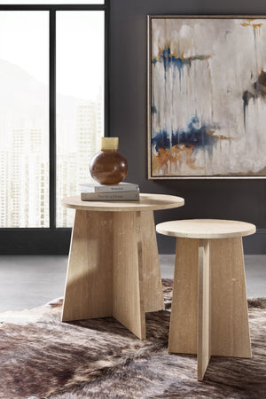 Hooker Furniture Melange Travertine Cirque End Table — 24" Round Sculptural Pedestal Side Table, Beige-White Finish 628-80592-00