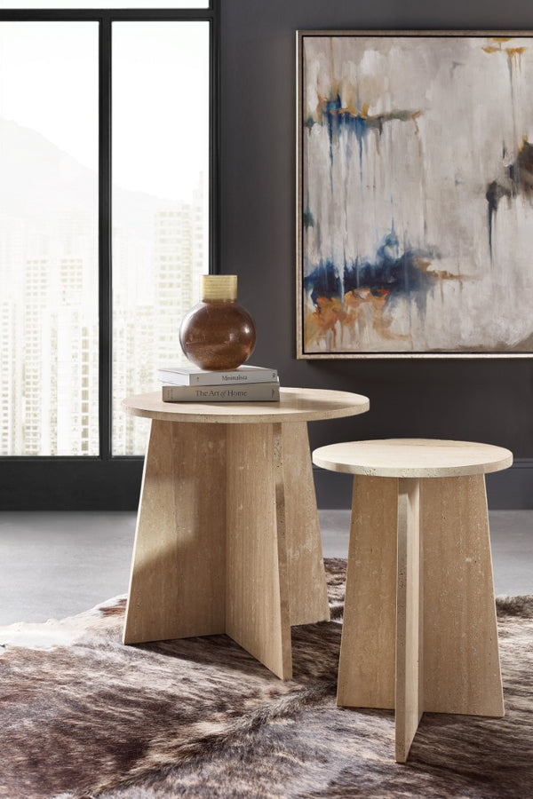 Hooker Furniture Melange Travertine Cirque End Table — 24" Round Sculptural Pedestal Side Table, Beige-White Finish 628-80592-00