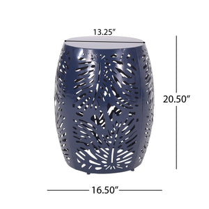 English Elm Metal Cylindrical Accent Table Powder Coated Iron with Tropical Palm Leaf Lattice Design Navy Blue 73613.00NBLU