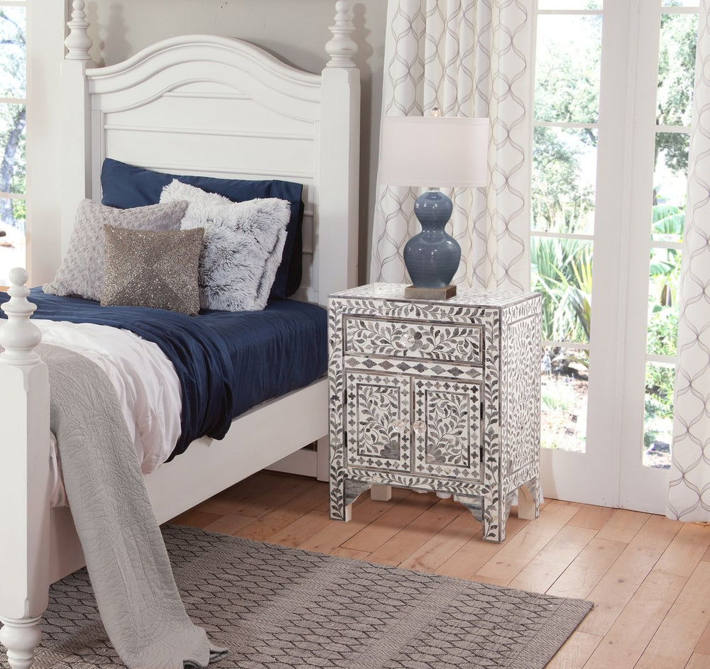 English Elm Steve Silver - Fowler Hand-Carved Accent Cabinet in Pearl Silver and Lilac Gray Bone Inlay, 28"L x 21.25"W x 16"H B081P157253