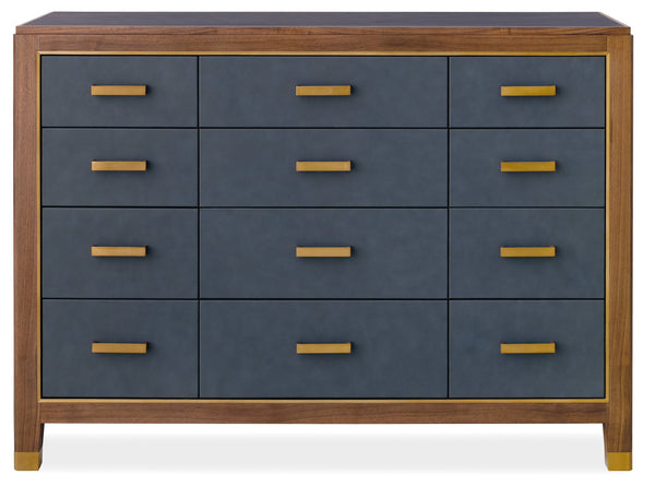 Hooker Furniture Melange Geneva 12 Drawer Walnut Chest with Navy Leather Fronts and Brass Pulls 628-90011-45