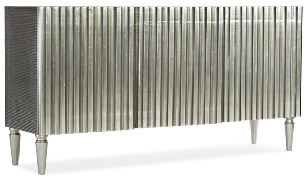 Hooker Furniture German Silver Entertainment Console — Solid Mango Wood, Hand-Finished Metallic Sheen, 65" Tv Storage, Ventilated Back Panel, Adjustable Shelves 5637-55468-SLV