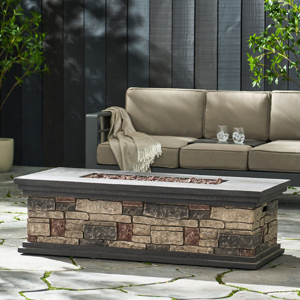 English Elm Rectangle Mgo Propane Fire Pit Faux Stone Finish 50000 Btu Outdoor Patio Centerpiece 63692.00-50K