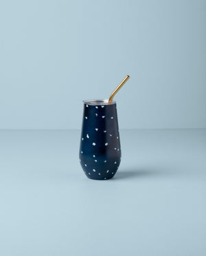 Lenox Blue Bay Dot Pattern Stainless Steel Wine Tumbler With Straw Blue, NAVY METAL 895732