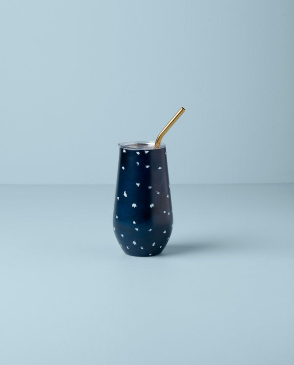 Lenox Blue Bay Dot Pattern Stainless Steel Wine Tumbler With Straw Blue, NAVY METAL 895732