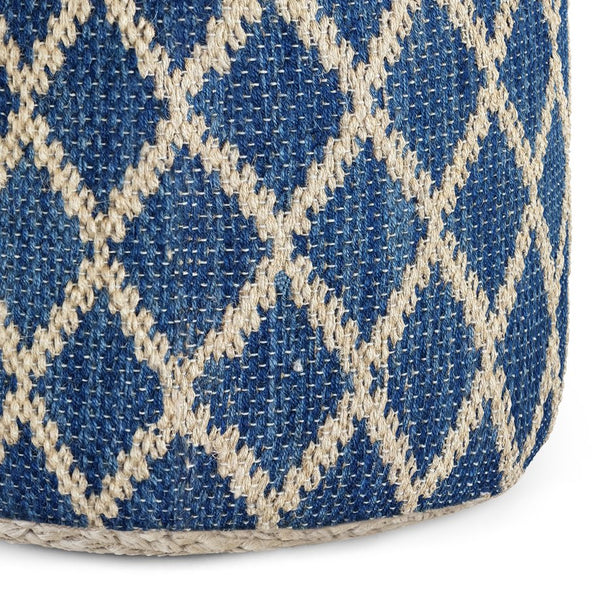 English Elm Edgeley Handwoven Round Pouf Ottoman with Jute & Cotton Diamond Pattern – Supportive Structured Seat Blue B136P159341