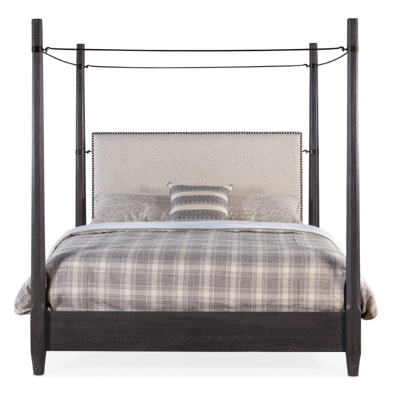 Hooker Furniture Big Sky King Poster Bed With Canopy Charred Timber Linen Headboard Nail-Trim Rustic Statement Frame Medium Brown 6700-90666-98
