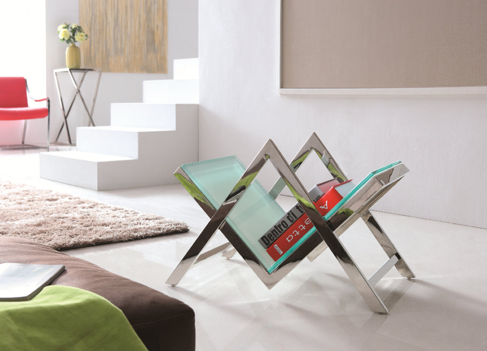 Pasargad Home Luxe Modern Glass & Steel Magazine Holder - Chic Storage For Books & More! White Glass & Steel Jj-1016w