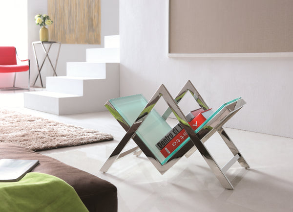 Pasargad Home Luxe Modern Glass & Steel Magazine Holder - Chic Storage For Books & More! White Glass & Steel Jj-1016w