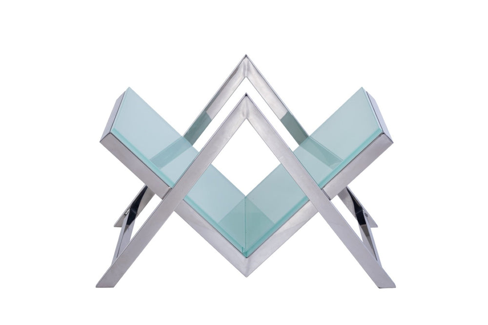 Pasargad Home Luxe Modern Glass & Steel Magazine Holder - Chic Storage For Books & More! White Glass & Steel Jj-1016w