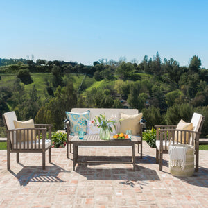 English Elm 4pc Outdoor Chat Set Solid Acacia Wood Loveseat Club Chairs and Coffee Table Patio Grey+Cream 59116.00GRY
