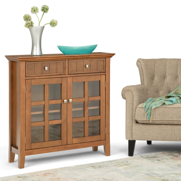 English Elm Acadian Entryway Storage Cabinet - Handcrafted Solid Wood In Light Golden Brown With Glass Doors B136P159419