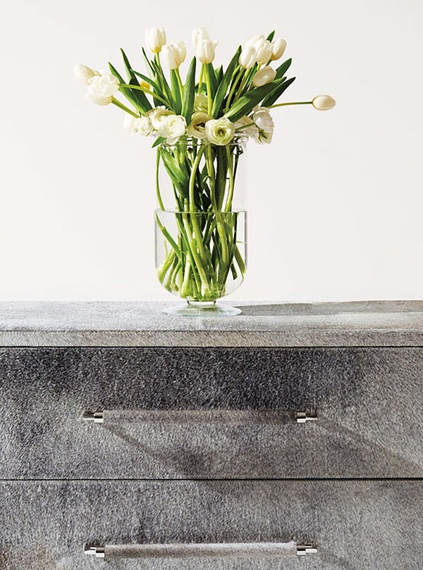 Bernhardt Bernhardt Parkin Nightstand In Gray Hair-On-Hide With Saddle Stitching, White Felt Drawers, Steel Base 369031