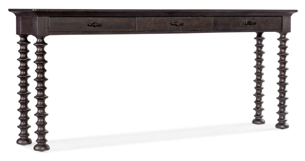 Hooker Furniture Big Charred Timber Sofa Console Table—Pecky Hickory & Maple, Turned Spool Legs, 2 Self-Closing Drawers, Rustic Elegance 6700-80361-98