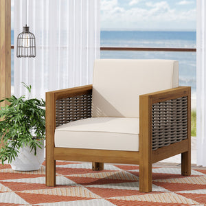 English Elm Christopher Knight Home® - Outdoor Acacia Wood Club Chair With Wicker Accents - Teak Finish, Water-Resistant Cushions, Perfect For Patios 68942.00BGE