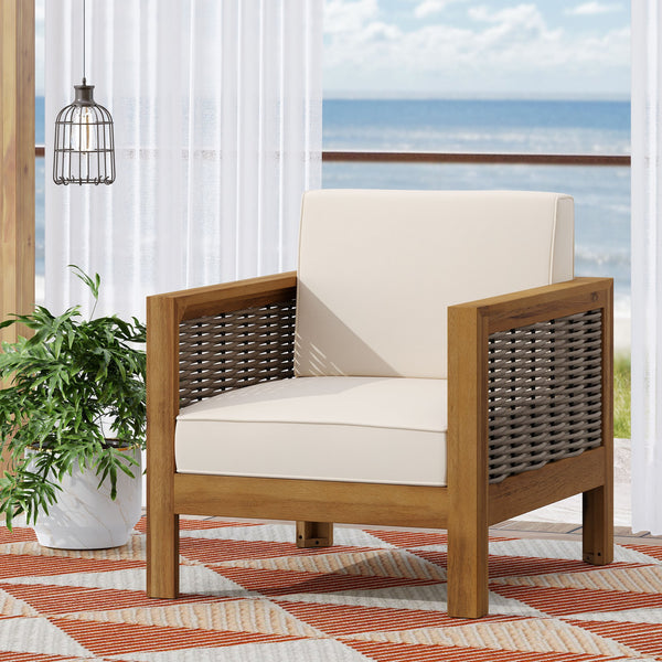 English Elm Christopher Knight Home® - Outdoor Acacia Wood Club Chair With Wicker Accents - Teak Finish, Water-Resistant Cushions, Perfect For Patios 68942.00BGE