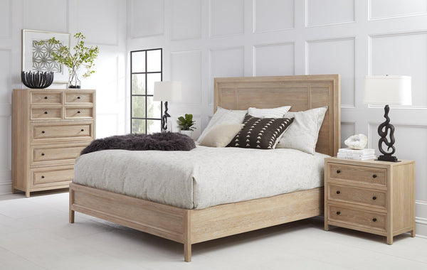 A.R.T. Furniture Post Modern Farmhouse Bed In Cracked Almond Finish With Soft Chenille Fabric For Elegant Comfort Light Brown Ash & Pine Solids,Plank,Effect Flakey Oak And Birch Veneer 288126-2355
