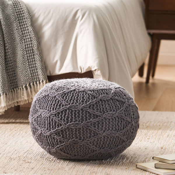 English Elm Christopher Knight Home® - MALIBU Knitted Wool Round Pouf 20" x 20" x 14" — Handcrafted Modern Knit Weave Accent for Cozy Living Spaces Charcoal 60494.00CHAR