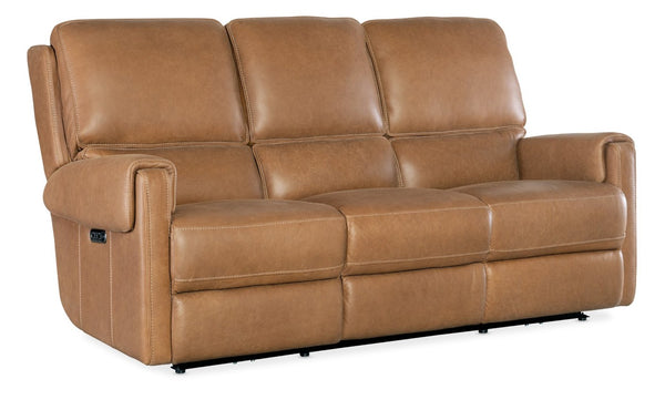 Hooker Furniture Somers Power Reclining Sofa With Zero-Gravity Seats, Nubuck Top-Grain Leather, Usb Charging, Bustle-Back Comfort Light Brown SS718-PHZ3-080